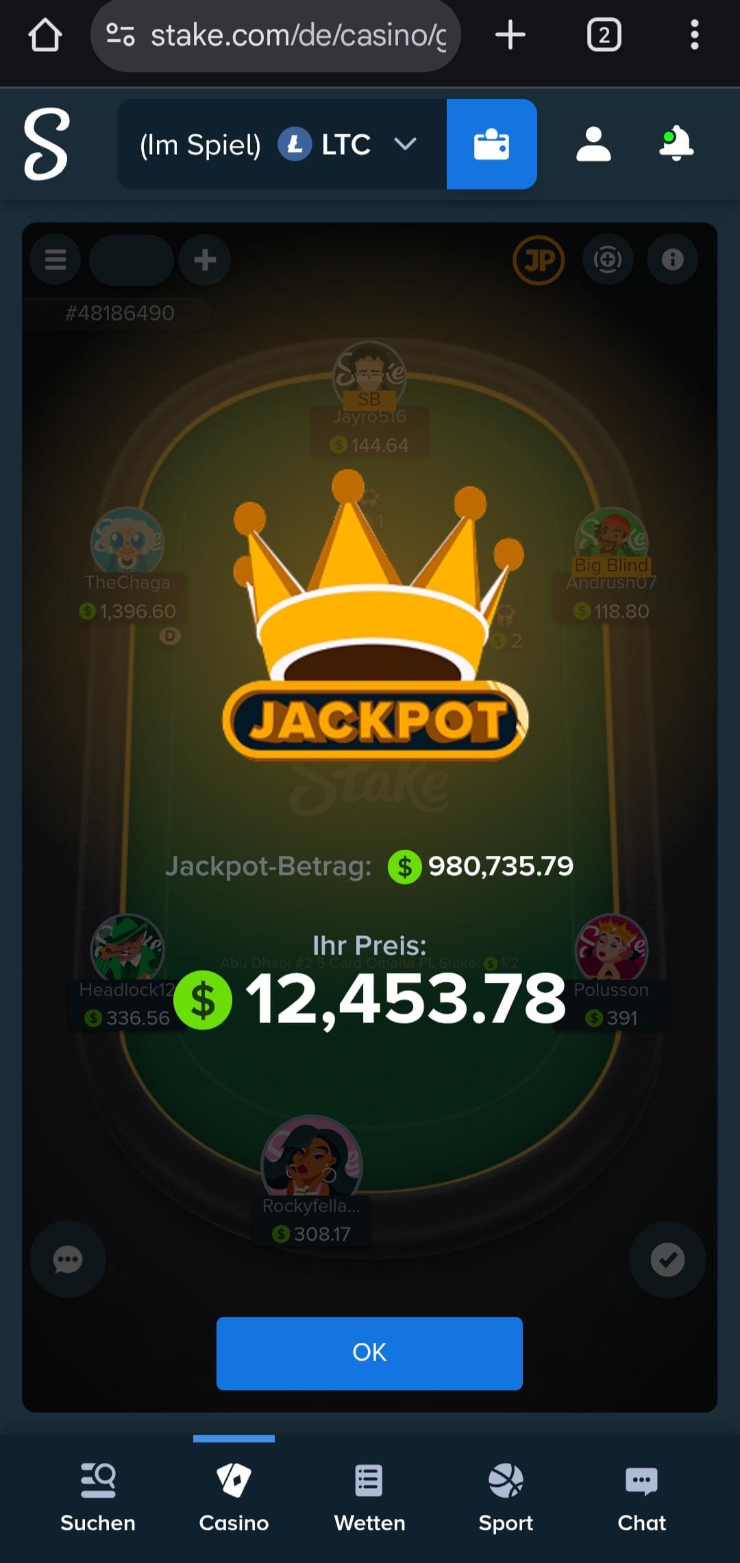 i dont understand it , the Pot was 1000bucks, i lose with quads 8 again quads Quenns... and the jackpot was 12k should it not be bigger?