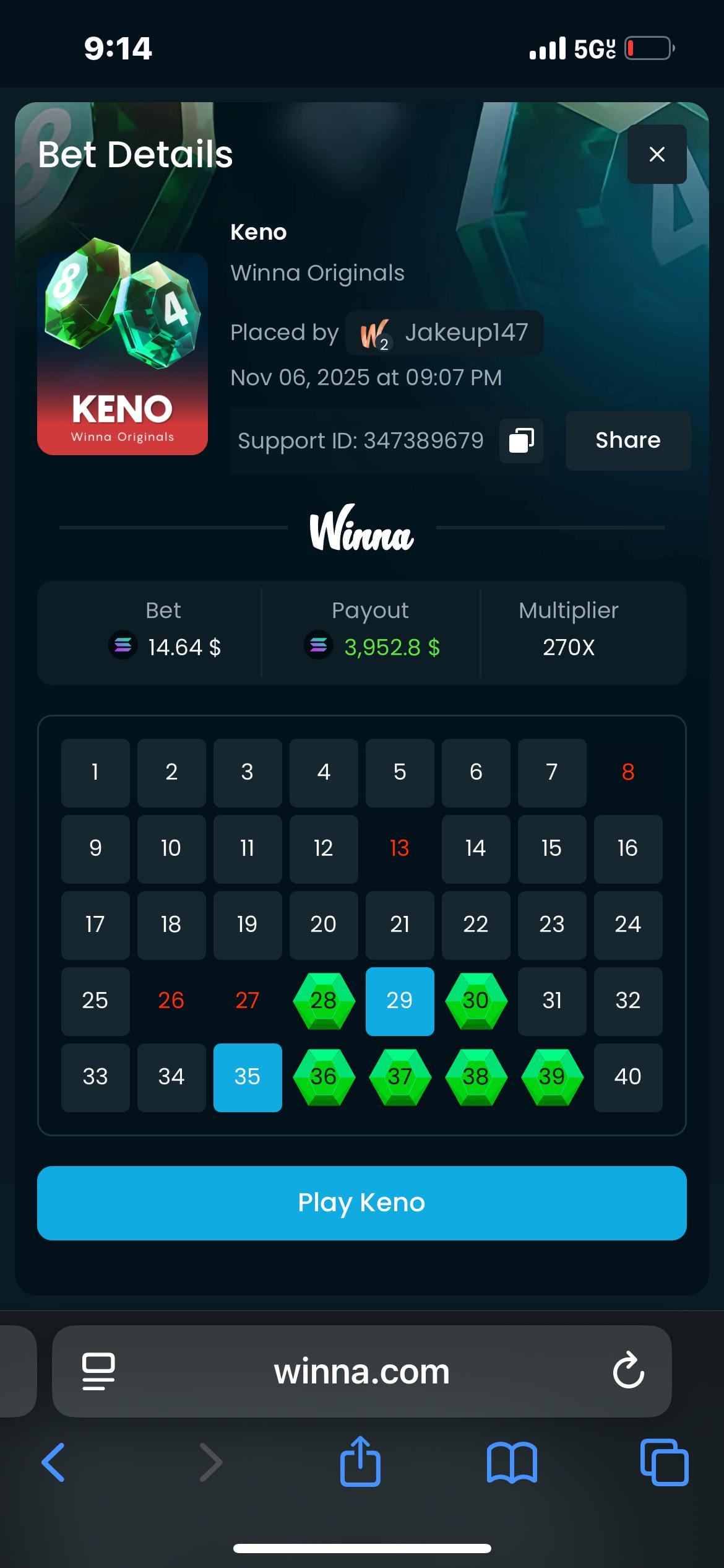 I rarely play winna, deposited $150 and hit this first keno spin or so