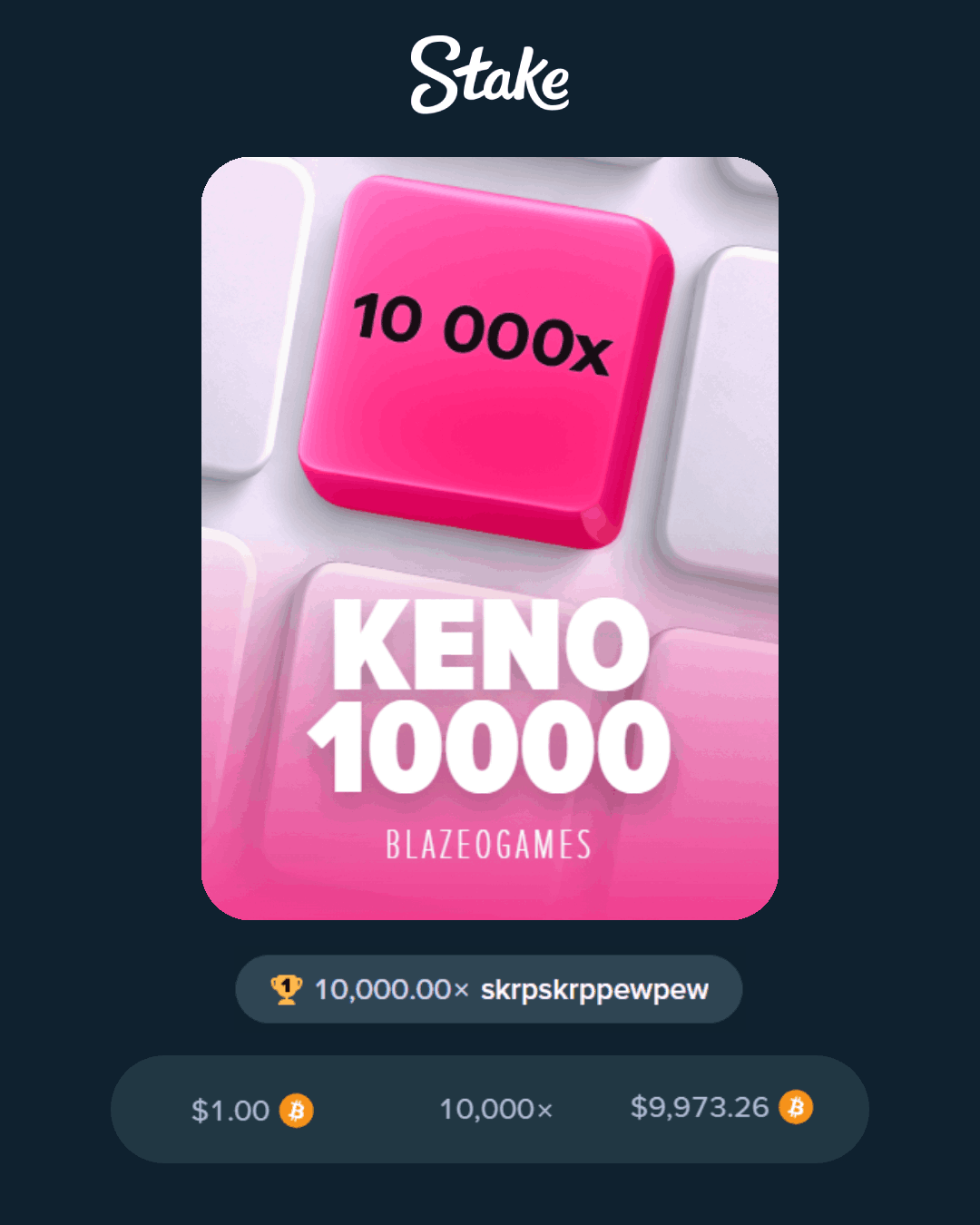 Max win on Keno 10000 $1 to $10k !